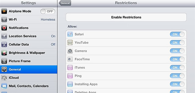 Enable Restrictions for iPad
