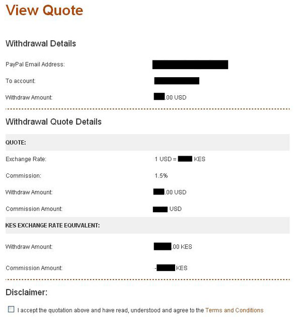 Equity PayPal Withdrawal Details Quote